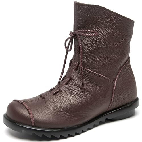 Clarsunny Women's Leather Casual Soft Flat Boots (8, Brown)