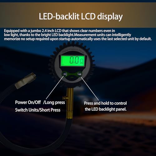 Image of SUVCARMPING 250 PSI Digital Tire Pressure Gauge, Heavy Duty Air Pressure Gauge with Backlight LCD (±1% Accurate), Professional Tire Gauge Kit with 4-Way Valve Tool Valve Caps Cores for Car Truck, Bike