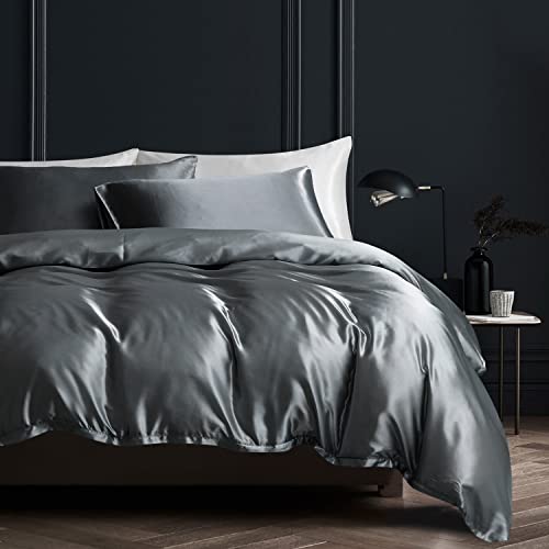 Gezu Housse de Couette Satin Gris Foncé 220x240cm Unie Lisse Soyeux Brillant Doux Soie Parure de Lit avec Fermeture Éclair Sets de Housse de Couette 2 Personnes avec 2 Taies d'oreiller 65x65cm Cover