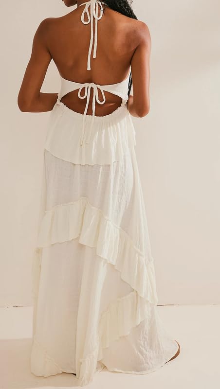 NUFIWI Sexy V Neck Backless Asymmetrical Ruffle Maxi Dress Halter Neck Sleeveless Long Dress Cutout Flowy Tiered Sundresses4