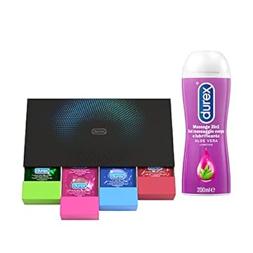 Durex Surprise Me Kit di Preservativi Assortiti, Sottili e con Rilievi e Nervature, 40 Profilattici, e Durex Gel Massage 2in1, con Aloe Vera, Lubrificante 200ml