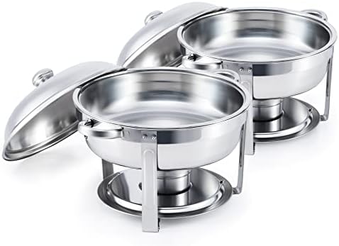 WILPREP Chafing Dish Buffet Set of 2, Round Stainless Steel Chafer and Food Warmer Kit with Food & Water Pans Lids Fuel Holders, 5qt Buffet Serving Utensils for Restaurant Catering Parties Weddings