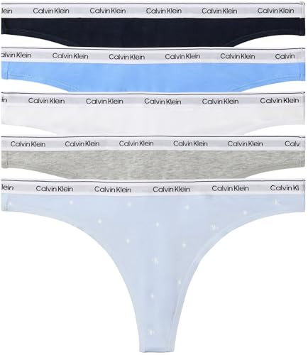 Calvin Klein Womens 5 Pack Thongs with Logo Waistband Multicolor (Shoreline/Blue Descent/White/Gre) M