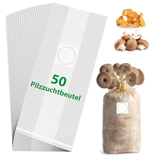 Zevmi 50 sacchetti per la coltivazione di funghi: sacchetti trasparenti per la coltivazione di funghi e funghi con filtro per champignons Enoki Shiitake, cereali, funghi ostrica (18 x 35 cm)