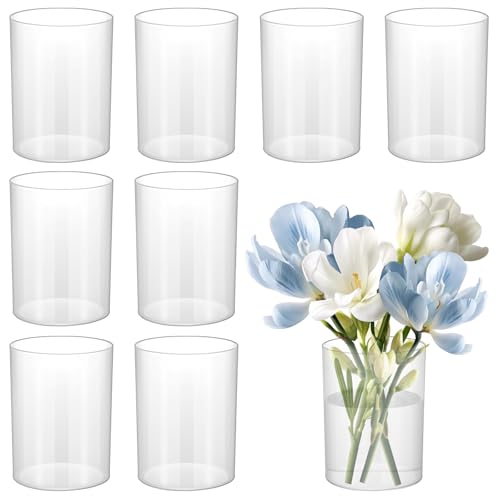 9 Pack Clear Plastic Cylinder Vase – 4.1 Inch Acrylic Flower Vase Bulk, Small Round Wide Mouth Containers for Centerpieces, Home, Office, Wedding Decor (3” Diameter)