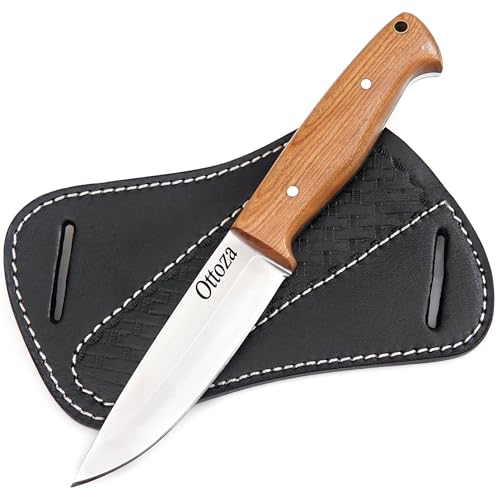 Ottoza Full Tang Bushcraft Knife with 1095 Carbon Steel Fixed Blade - Survival and Outdoor Camping Knife - Black Cross Draw Sheath and Olive Wood Handle 396