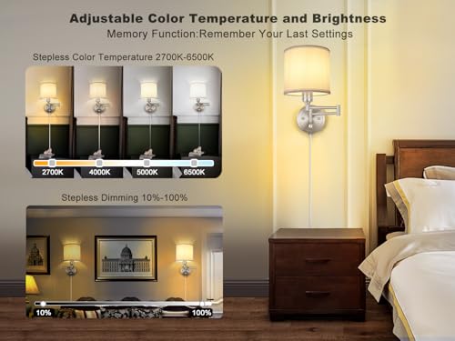 Image of Plug in Wall Sconces with Remote Control, Dimming & Adjustable Colors 2700K-6500K, Hardwire or Plug-in, Swing Arm Wall Lamp with White Fabric Shade, Wall Sconces Set of Two, Brushed Nickel Finish