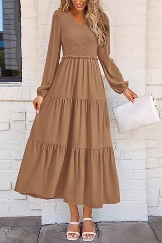 Image of PRETTYGARDEN Fall Dresses for Women 2025 Casual Long Sleeve V Neck Smocked A Line Long Flowy Wedding Guest Dress
