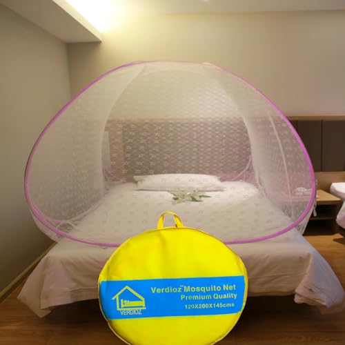 Image of VERDIOZ WITH DEVICE White Embroidery Mosquito Net for Single Bed Size Machardani Foldable, for Adult | Kids | Baby, Corrosion Free Wire with Saviour Kit (Single Bed Size, 120X200X145 cm, Pink)