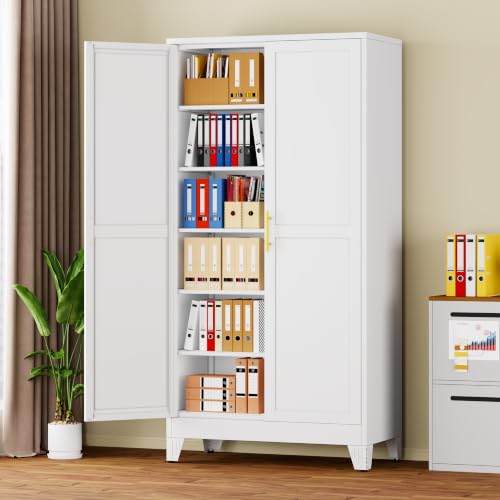 Image of 78.7 inch Tall Metal Pantry Cabinet, Freestanding Kitchen Storage Cabinet | with 2 Doors and 5 Adjustable Shelves, Versatile Storage Cupboard for Kitchen, Laundry, Dining & Utility Room, White