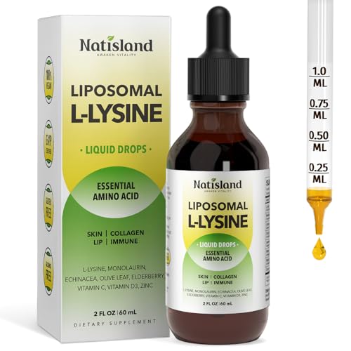 Liposomal L-lysine Monolaurin Liquid Drops Lysine 1000MG Supplement for Adults & Kids Echinacea & Elderberry with Vitamin C & D3 Zinc for Lip & Skin Health Collagen & Immune Support 2 Fl Oz