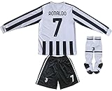 FCRM 2021/2022 New #7 Cristiano Ronaldo Kids Home White Long Sleeve Soccer Jersey & Shorts Youth Sizes (White,26)