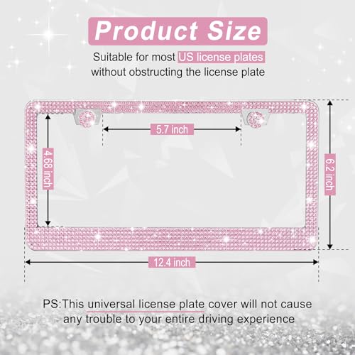 Image of Bling License Plate Frame for Women, 2Pack Rhinestone Handcrafted Crystal Premium Stainless Steel, Stainless Steel Car Accessories with Diamond Sparkle Glitter Caps (Pink) (Pack of 2)