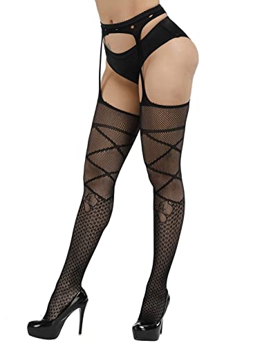 Image of Women's Floral Fishnet Stockings with Attached Garter Belt
