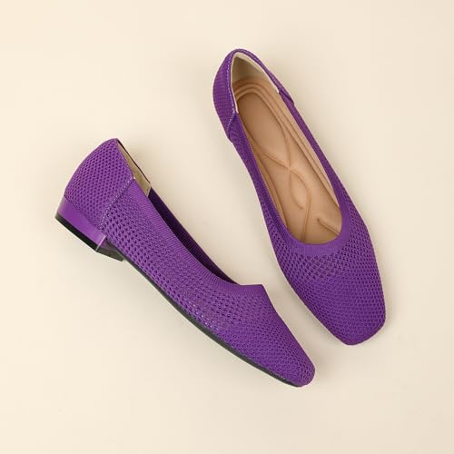 Women's Square Toe Low Heels Knit Comfortable Dressy Slip On Ballet3