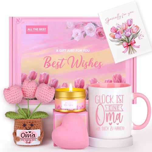 MUJUZE Geschenk Oma Geburtstagsgeschenk -Tasse Geschenkset mit Stricken Tulpen Puppe,Muttertagsgeschenk Beste Oma Geschenke zum Geburtstag Ideen