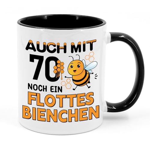 Tasse 70. Geburtstag, Geschenk 70 Geburtstag Frauen, Tasse mit Spruch Flottes Bienchen - Geburtstagsgeschenk Kaffeetasse aus Porzellan 350 ml, Geschenke f&uuml;r Frauen Freundin Kollegin Mama Oma