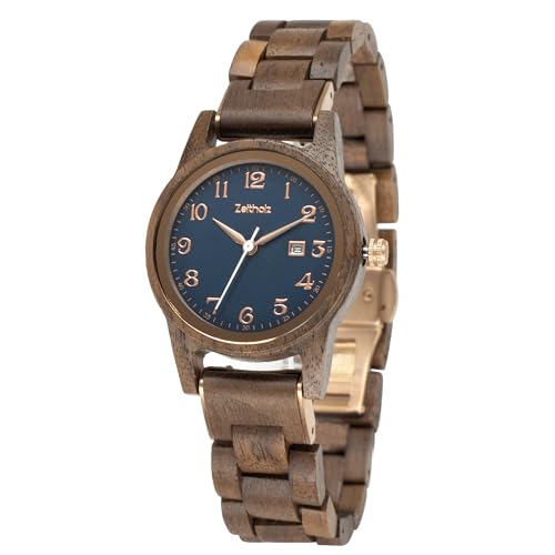 Zeitholz Holzuhr Damen, Armbanduhr, Analog, Quarz, Leuben Holzuhren 36mm, 100% Naturholz mit Japanischem Quarzwerk, Monatskalender und kostenlosem Lederarmband. (Indigo)