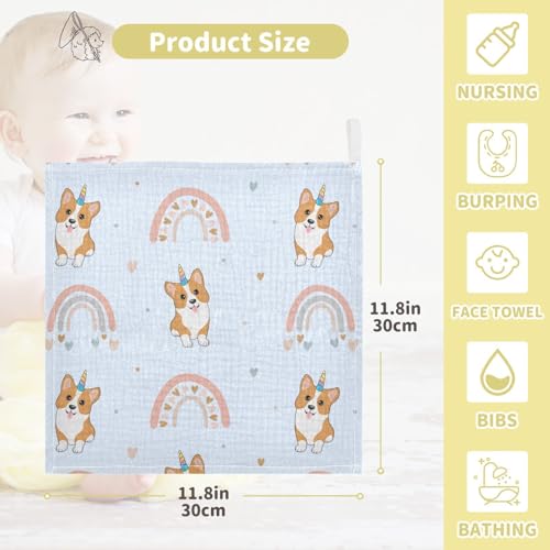 Image of vvfelixl Corgi Hearts Rainbows Baby Burp Cloths Baby Muslin Washcloths for Boys Girls Cotton Baby Face Towel for Newborn Infants Soft and Absorbent 11.8 X 11.8 in, 5 Pack
