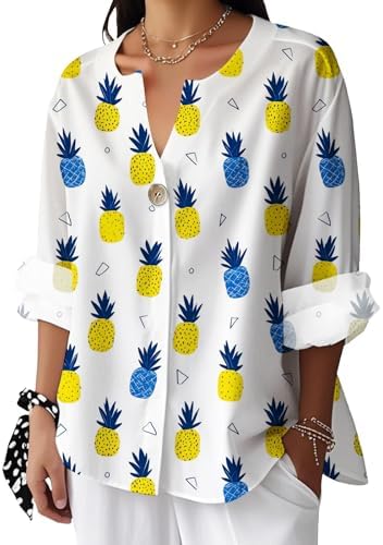 Womens Fashion Tops Casual Boho Roll Up Plus Size V Neck Linen Tu...