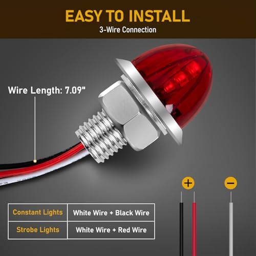 10PCS Mini Watermelon Lights, 3/4 Inch Strobe & Constant Dual Function Red LED Watermelon Lights, IP65 Waterproof Side Clearance Tail Griller Flash Lights Turn Signal for 12V Semi Trailers Trucks RV — view 6