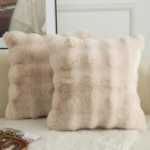 Mandioo Lot de 2 Housses de Coussin Décoratives en Laine Épaisse et Doudou Super Douces Vague Bulle Fourrure Veloutée Taies pour Canapé Lit Salon 40x40 cm...
