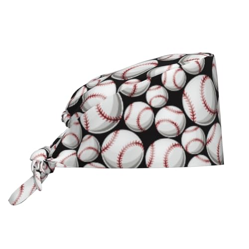 Kuilepa Cute Baseball Print Working Caps With Sweatband Adjustable Working Hats Elastic Scrub Hats Nurse Scrub Cap