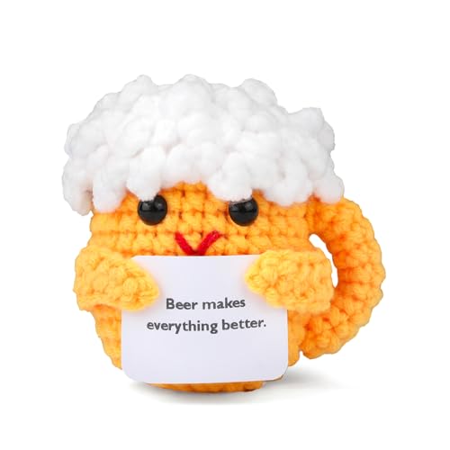 TOYMIS Positive Crochet Beer, Emotional Beer Mug Support Doll with Encouragement Card Funny Positive Mug Knitted Gifts for Potato Lovers Inspirational Gift for Women Men Home Decoration