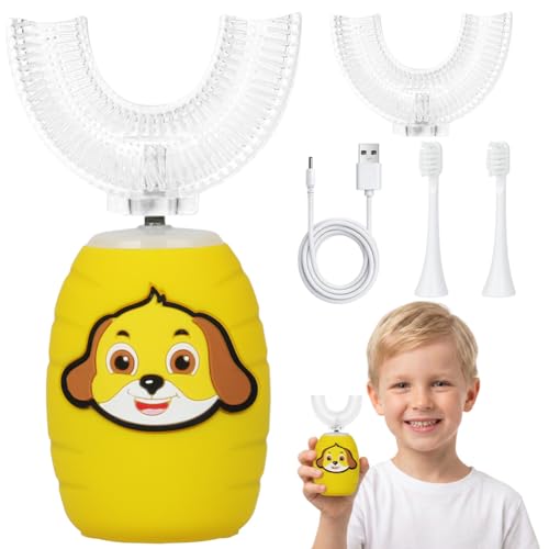 Vicloon Cepillo de dientes Eléctrico para Niños, Ultrasónico Limpieza Automática Cepillos Forma de U, con 4 Cabezales, 360º 3 Velocidades Limpieza Profunda de Dientes de Leche 2-6 Años Amarillo-F