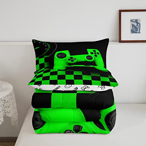 Gaming Bedding Set Queen Size Game Comforter Set For Boys Girls Kids Teens Soft Microfiber Green Modern Buttons Video Game Duvet Insert Gamer Room Decorative 3 Piece Bedding Set With 2 Pillow Shams #TOP4