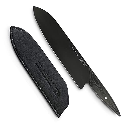 Tyrolit LIFE Fly Wheel Cut Kochmesser, 20cm extrem scharfe Klinge, Profi Messer mit Lederhülle, Küchenmesser für Fisch, Fleisch Obst und Gemüse, Edelstahl Allzweckmesser, Schwarz