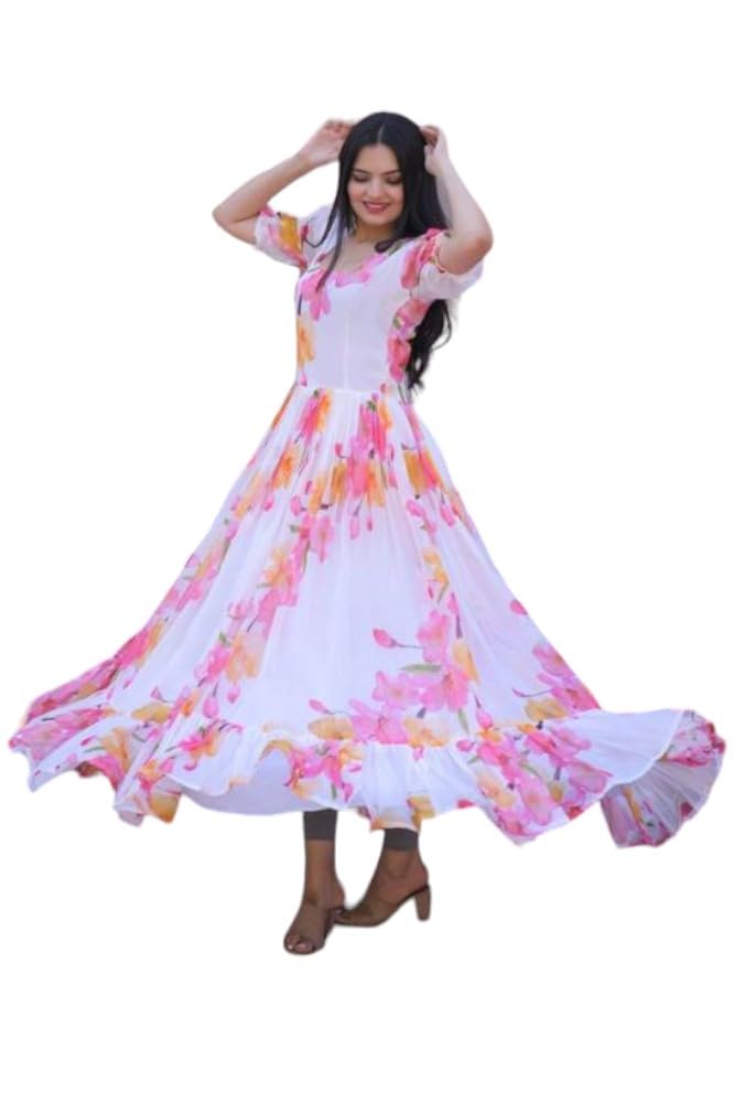 KEDARFABWomens Floral Embroidery Ankle Length Full Sleeve Stylish Georgette Anarkali Gown Dress, White