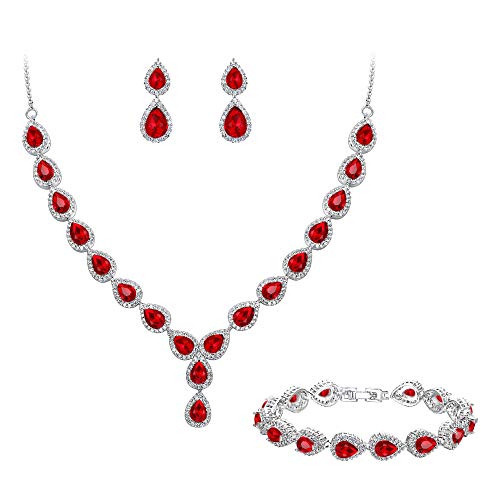 BriLove Wedding Bridal CZ Necklace Bracelet Earrings Jewelry Set for Women Teardrop Infinity Figure 8 Y-Necklace Tennis Bracelet Dangle Earrings Set Ruby Color Silver-Tone July Birthstone BriLove Wedding Bridal CZ Necklace Bracelet Earrings Jewelry Set for Women Teardrop Infinity Figure 8 Y-Necklace Tennis Bracelet Dangle Earrings Set Ruby Color Silver-Tone July Birthstone