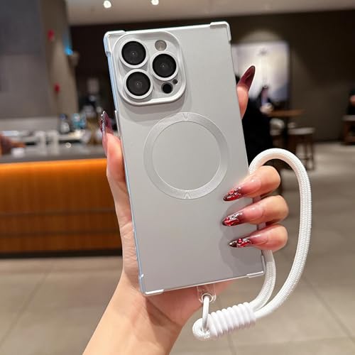 Coque silicone mat iPhone 15 Plus argent de haute qualité avec cordon