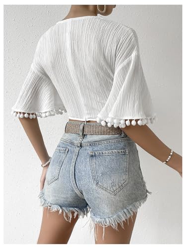 SweatyRocks Women's V Neck Crop Tops Twist Front Short Sleeve Shirts Vacation Beach Blouses2