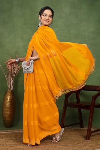 Image of MIRCHI FASHION Saree for Woman Georgette Solid with Satin Stripes | Stone Border Farewell and Ceremonial Sari with Blouse Piece