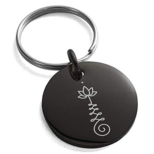 Black Stainless Steel Sacred Lotus Unalome Symbol Small Medallion Circle Charm Keychain Keyring