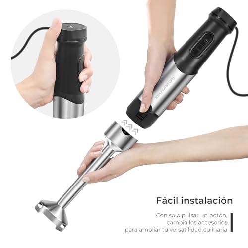 Batidora de Mano 1200W - 12 Velocidades + Turbo | Para Sopas, Purés (Bebés), Salsas y Batidos | Incluye Vaso Medidor 800ml, Picadora 600ml y Espumador de Leche | Acero Inoxidable | Fácil de Limpiar - imagen 7