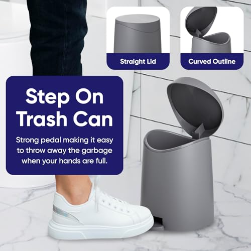 Image of Superio Bathroom Trash Can with Toilet Brush Set Grey Modern 6 Liter Small Waste Basket Plastic Step On Garbage Can and Toilet Bowl Cleaner Bathroom Accessories Set, Grey