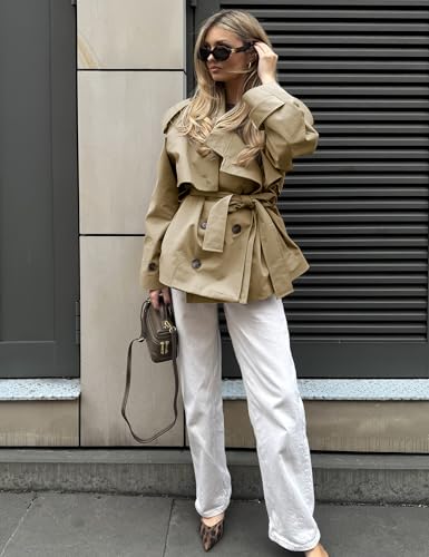 Lingswallow Cropped Trench Coat for Women Double Breasted Lapel Short Jacket Crop Coats with Belt