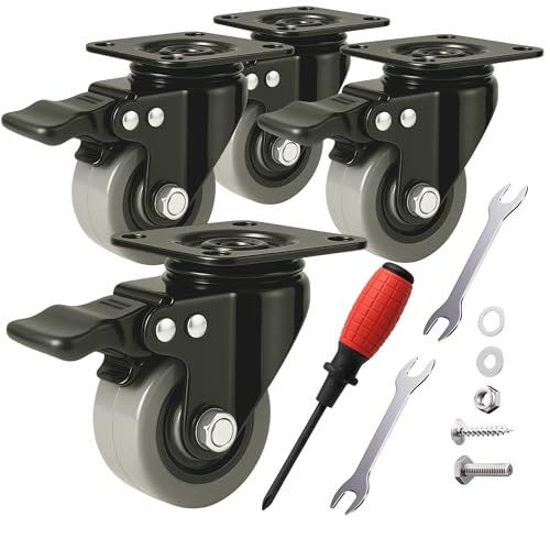 Kit 4 Ruedas Para Muebles con Freno - 50 mm | hasta 320kg - Kit de Montaje Completo Tornillos y Herramientas - Ruedas Para Muebles Pesados Con Freno y Placa, Ruedas Giratorias - Silenciosas
