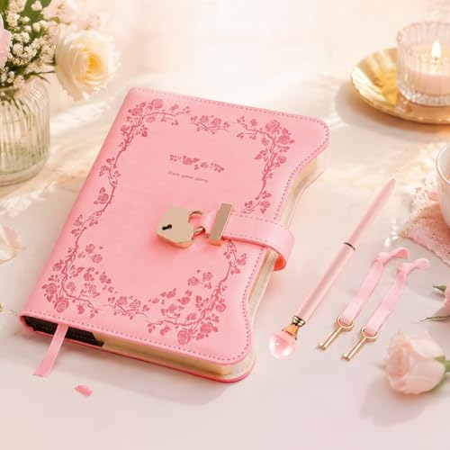 Image of Climberty B6 Heart Lock Diary for Girls Aesthetic, Rose Embossed PU Leather Journal with Keys, 180 Sheets Vintage Floral Personal Writing Notebook Set with Pearl Pen, Secure Diary with Lock for Women