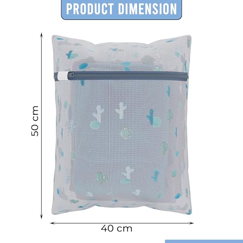 Image of Kuber Industries Set of 9 Polyester Mesh Laundry Bag with Zip | Reusable Washing Bags for Washing Machine | Ideal for Delicate Fabrics, Lingerie & Shoes Protection | YZ-8-1 | Cactus Print - White