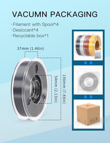 Image of PINBALL 500gX4 Spools Silk PLA 3D Printer Filament Bundle, Shiny Metallic Filament 3D Printing Filament 1.75mm, 500g*4 Gold /Grey /Silver /Red Bronze