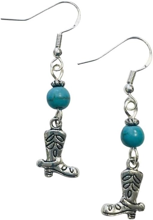 Cowboy Boot Charm Earrings with Turquoise Colored Stone Accent Beads on Sterling Silver Earwires, Spur, Southwestern, Cowgirl