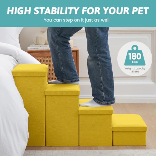 Image of Dog Stairs with Storage, 4-Step Wider Sturdy Dog Steps for Small /Medium /Large Dogs and Older Cats, Folding Doggie Ramp for Bed /Couch /Car Hold Up to 180 lbs (22 inch H, Yellow)