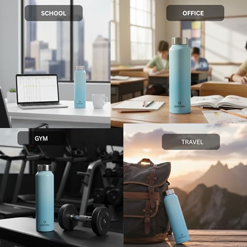 Image of Speedex Stainless Steel Water Bottle 1 Ltr, Leak Proof Screw Cap, BIS Approved 1000 ml Metal Bottle For Daily, Office, School, Gym, Travel Use for Men, Women, Kids, Adults, Dual Blue, Set of 4