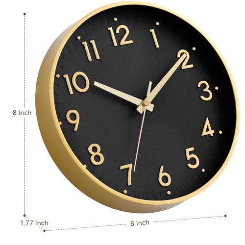 Image of Mosewa Wall Clock 8 Inch, Wall Clocks Battery Operated Silent Non-Ticking Modern Analog Clock Decorative for Kitchen, Bedroom, Office,Bathroom(Black Gold)