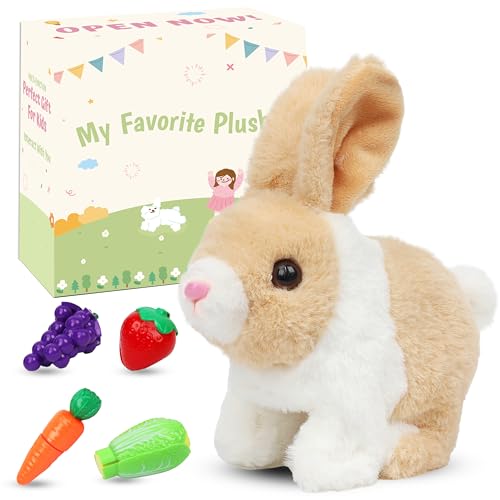 Easfan Hopping Bunny Interactive Pet Plush Toy Set with Mouth and Nose Hopping Rabbit Ears Moving Educational Plush Toy Easter Birthday Gifts for Kids Girls, 7''