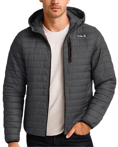 Image of Hurley Mens Puffer Jacket - Lightweight Packable Insulated Winter Coat for Men - Weather Resistant Quilted Outdoor Jacket